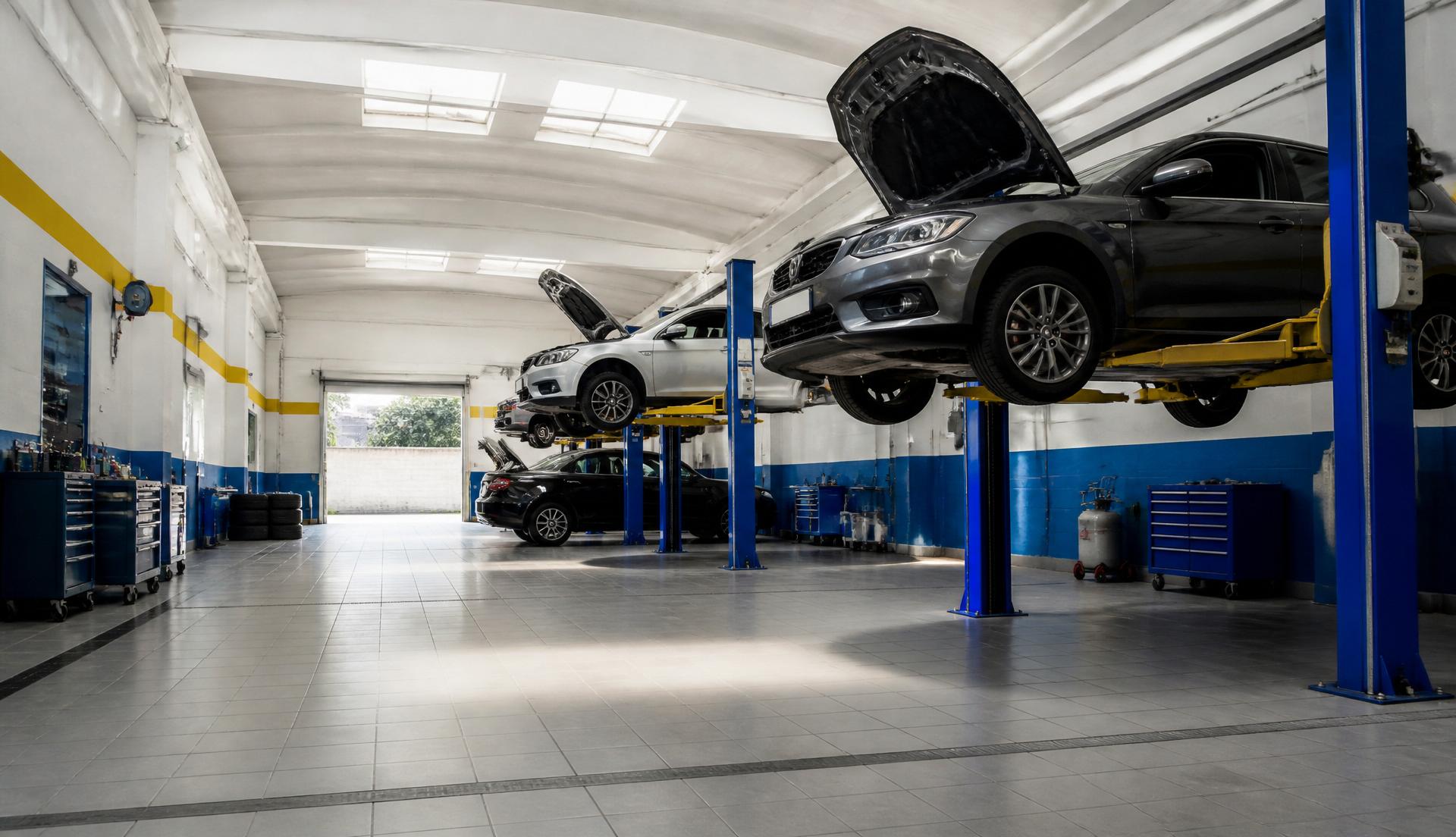 Interno officina Diemme con auto sui ponti sollevatori