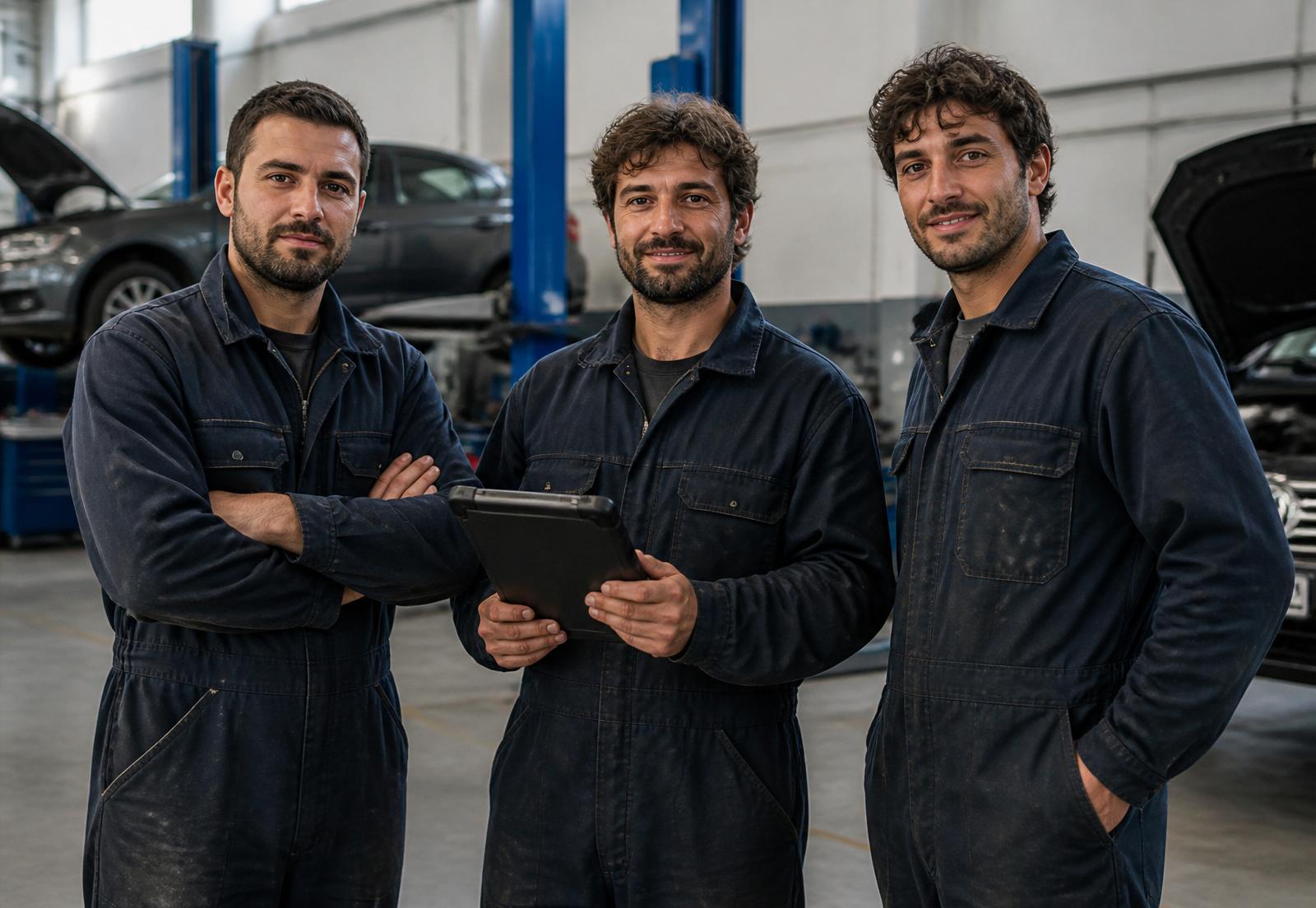 Diego, Marco e il terzo tecnico del team Diemme in officina